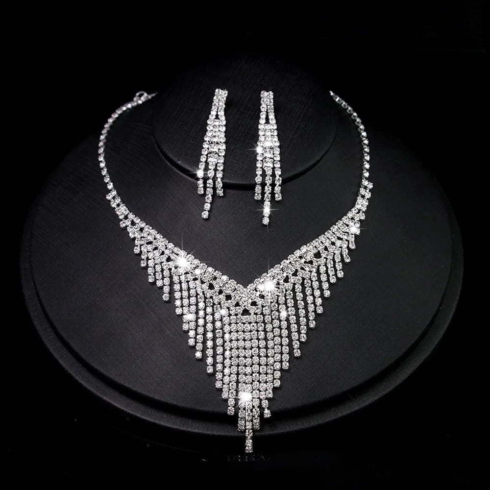 Shiny Silver Crystal Necklace Boutique Earrings Set Fashion Water Drop Pendant Wedding Bridal Jewelry Sets For Women MOQ 1 PC