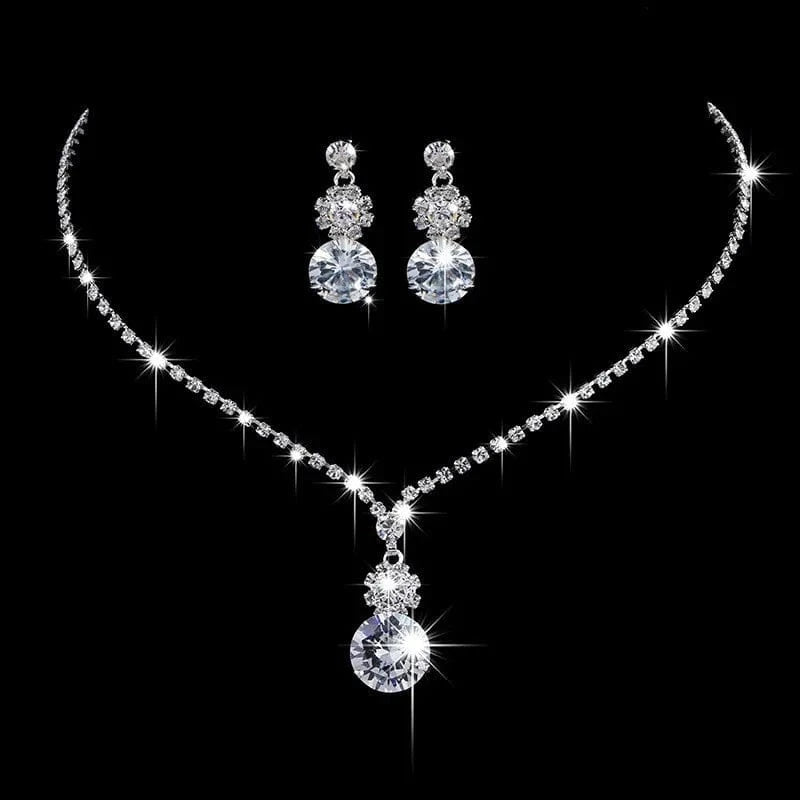 Shiny Silver Crystal Necklace Boutique Earrings Set Fashion Water Drop Pendant Wedding Bridal Jewelry Sets For Women MOQ 1 PC