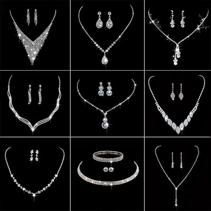 Shiny Silver Crystal Necklace Boutique Earrings Set Fashion Water Drop Pendant Wedding Bridal Jewelry Sets For Women MOQ 1 PC