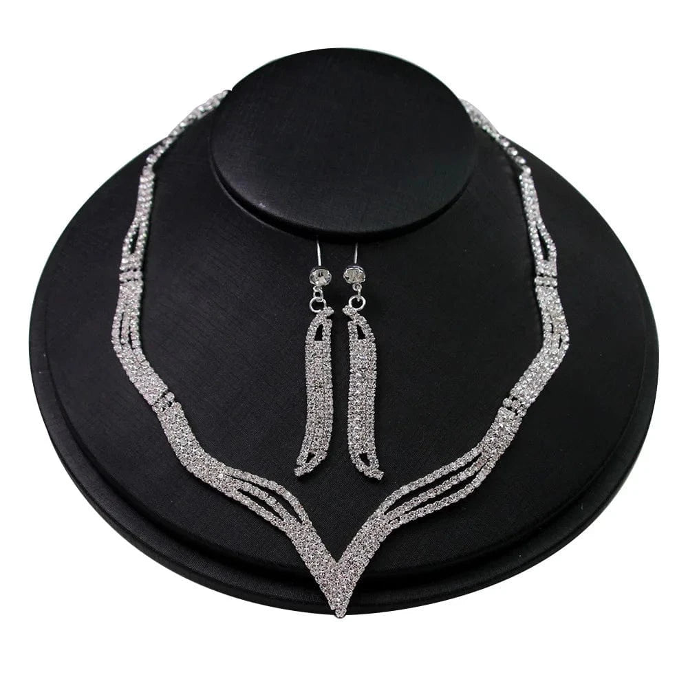 Shiny Silver Crystal Necklace Boutique Earrings Set Fashion Water Drop Pendant Wedding Bridal Jewelry Sets For Women MOQ 1 PC