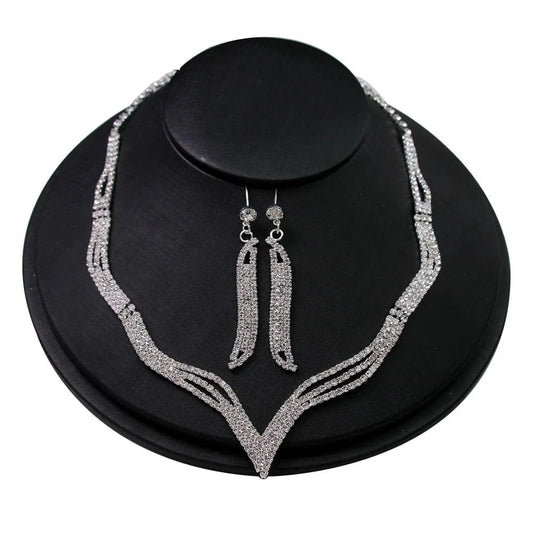 Shiny Silver Crystal Necklace Boutique Earrings Set Fashion Water Drop Pendant Wedding Bridal Jewelry Sets For Women MOQ 1 PC