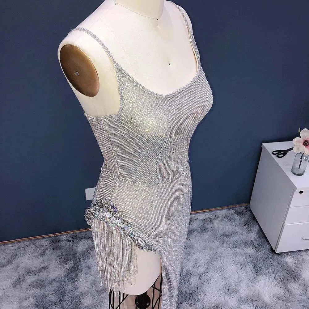 Shiny Silver Long Prom Dresses 2024 Luxury Sexy Spaghetti Straps High Slit Women Cocktail Party Gowns RM019