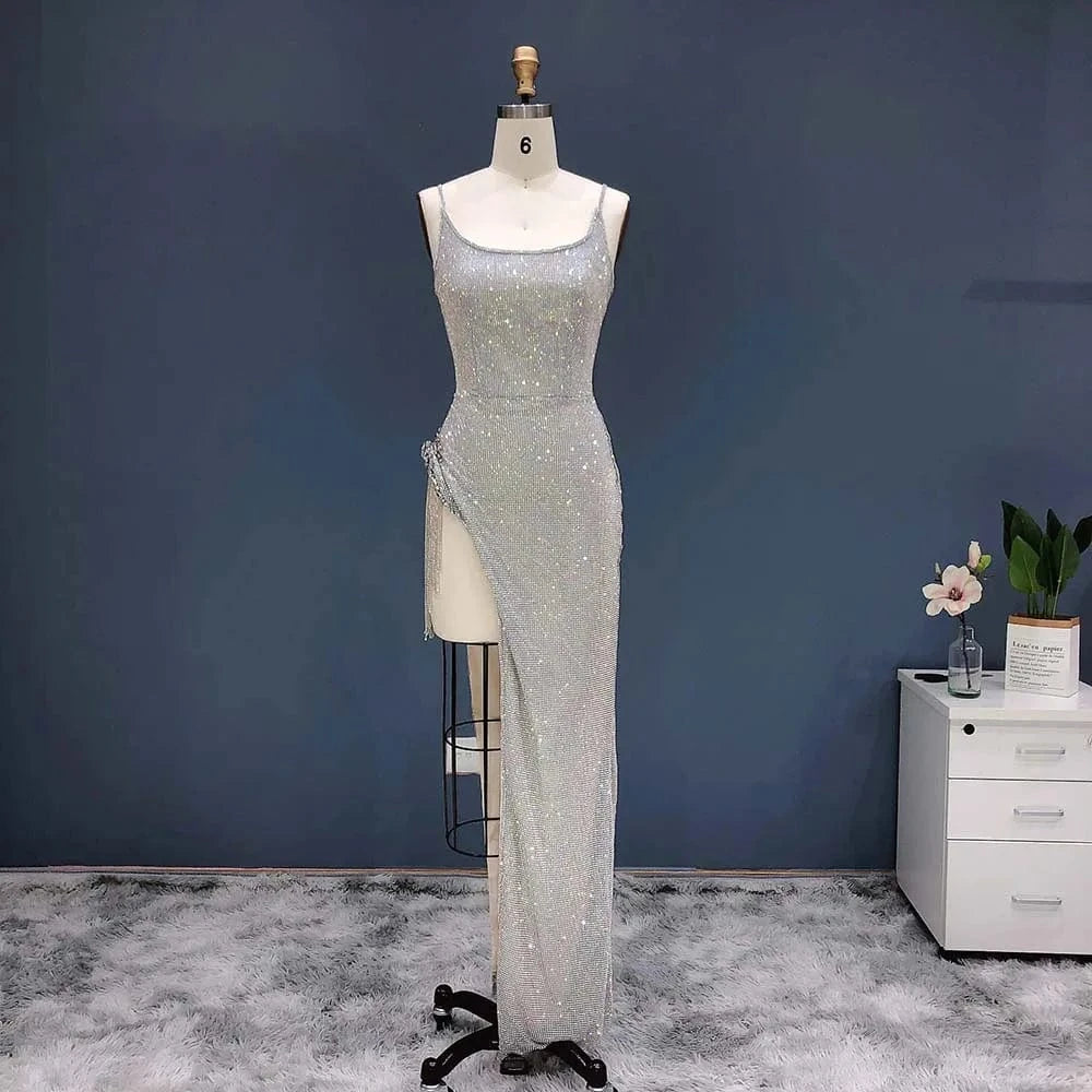 Shiny Silver Long Prom Dresses 2024 Luxury Sexy Spaghetti Straps High Slit Women Cocktail Party Gowns RM019