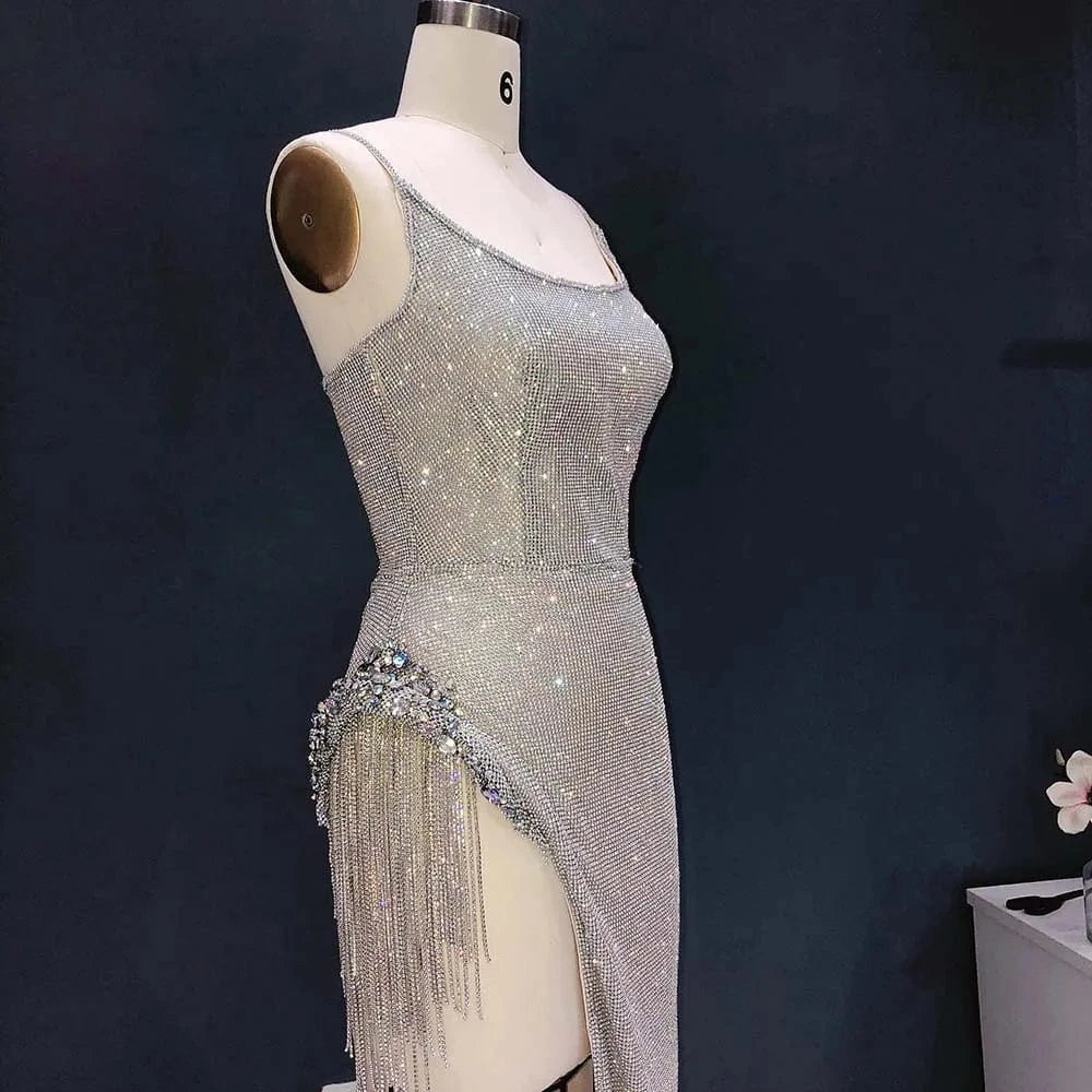 Shiny Silver Long Prom Dresses 2024 Luxury Sexy Spaghetti Straps High Slit Women Cocktail Party Gowns RM019