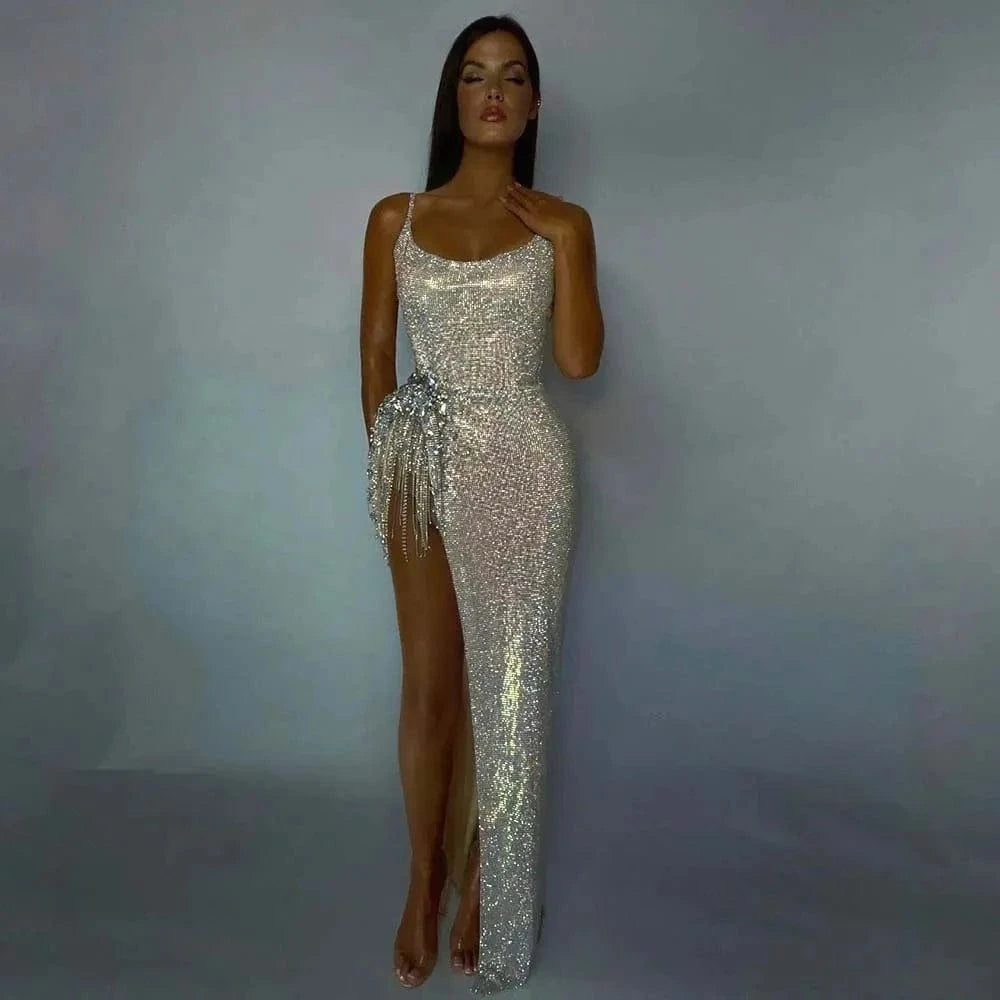 Shiny Silver Long Prom Dresses 2024 Luxury Sexy Spaghetti Straps High Slit Women Cocktail Party Gowns RM019