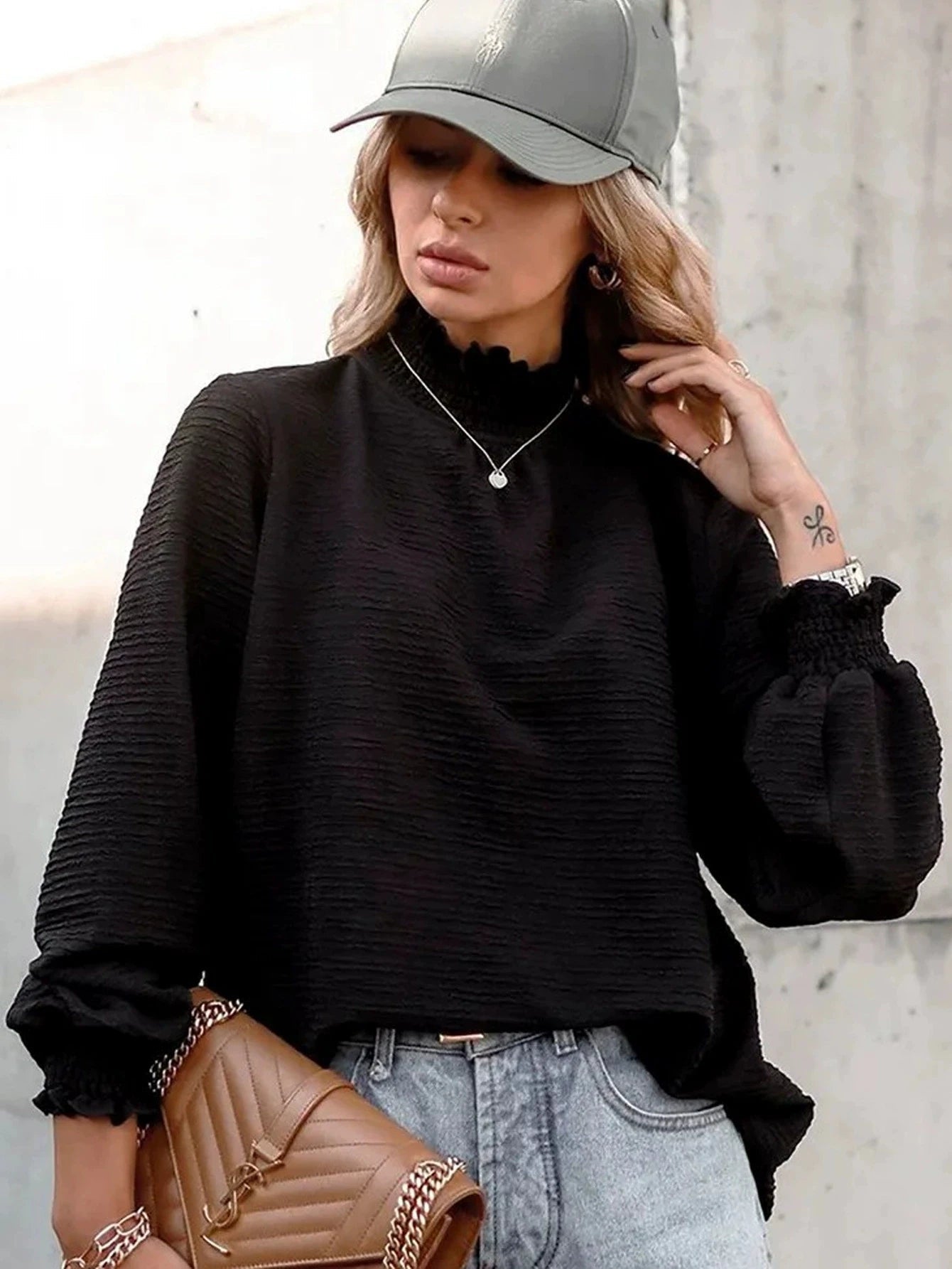 Shirt With High Collar Patchwork Knit Long Sleeve Pullover – Office Chic Daily Wear - SN Wigs & More