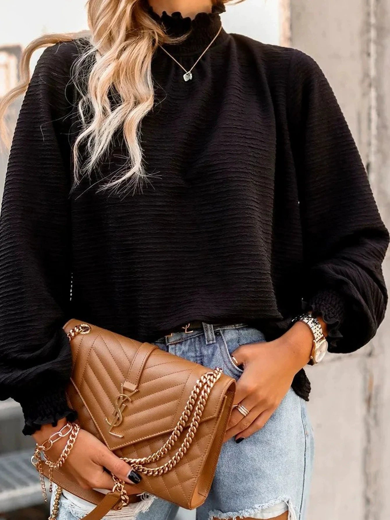 Shirt With High Collar Patchwork Knit Long Sleeve Pullover – Office Chic Daily Wear - SN Wigs & More