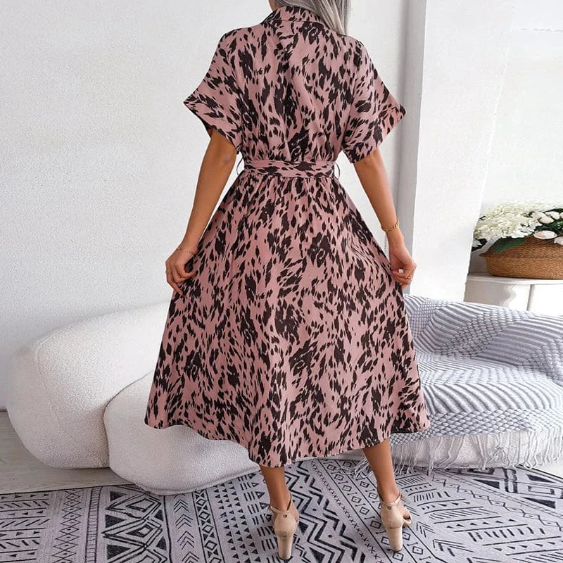 Shirts Dresses Women Casual Fashion Leopard Printing Vintage Elegant Short Sleeve Midi Dress Lace-up Street White Pink Vestidos