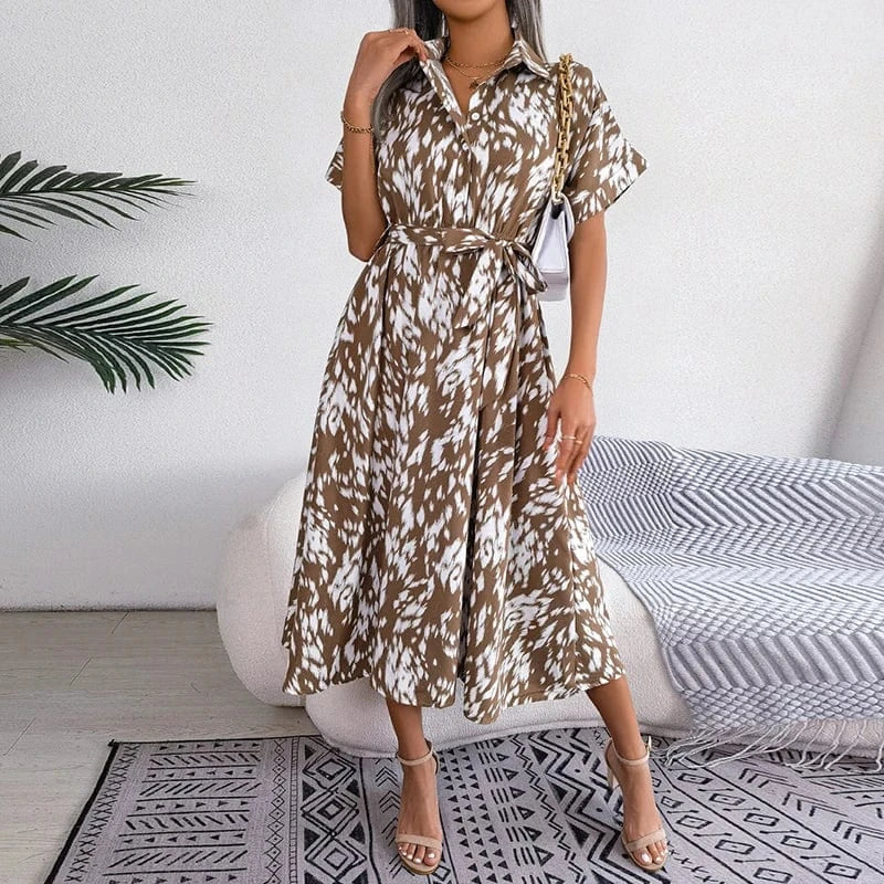 Shirts Dresses Women Casual Fashion Leopard Printing Vintage Elegant Short Sleeve Midi Dress Lace-up Street White Pink Vestidos