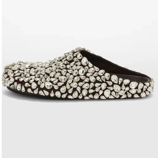 shoes Rhinestone Half Head Female Slippers Catwalk Show Round Toe Flat Shoes Comfort Wedding Genuine Leather Summer Party Women Shoes