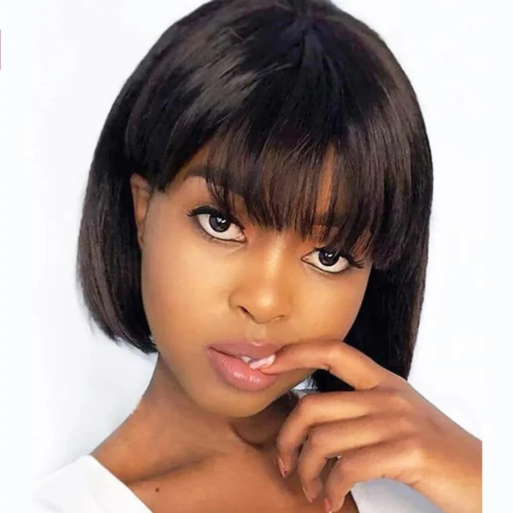 Short Bob Wigs Human Hair With Bangs None Lace Front Wigs Machine Made Brazilian Remy Straight Bob Wigs for Black Women No Glue