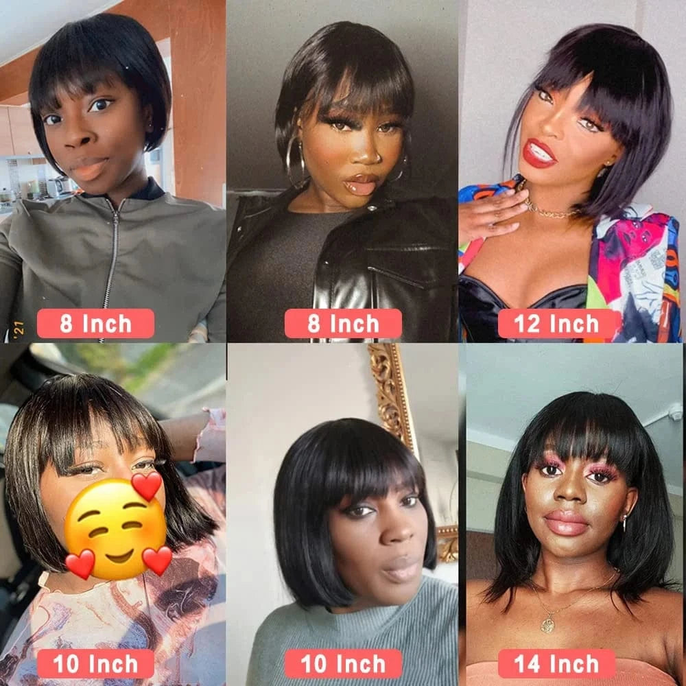 Short Bob Wigs Human Hair With Bangs None Lace Front Wigs Machine Made Brazilian Remy Straight Bob Wigs for Black Women No Glue