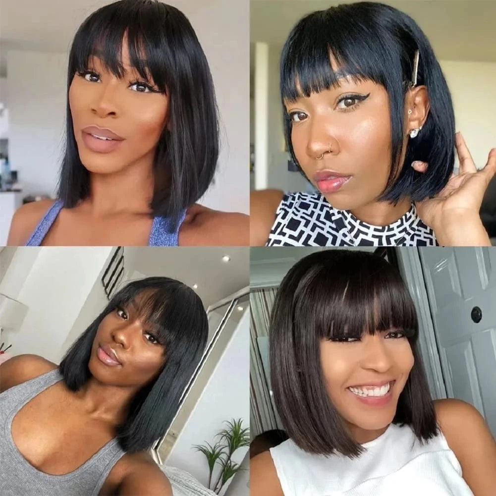 Short Bob Wigs Human Hair With Bangs None Lace Front Wigs Machine Made Brazilian Remy Straight Bob Wigs for Black Women No Glue