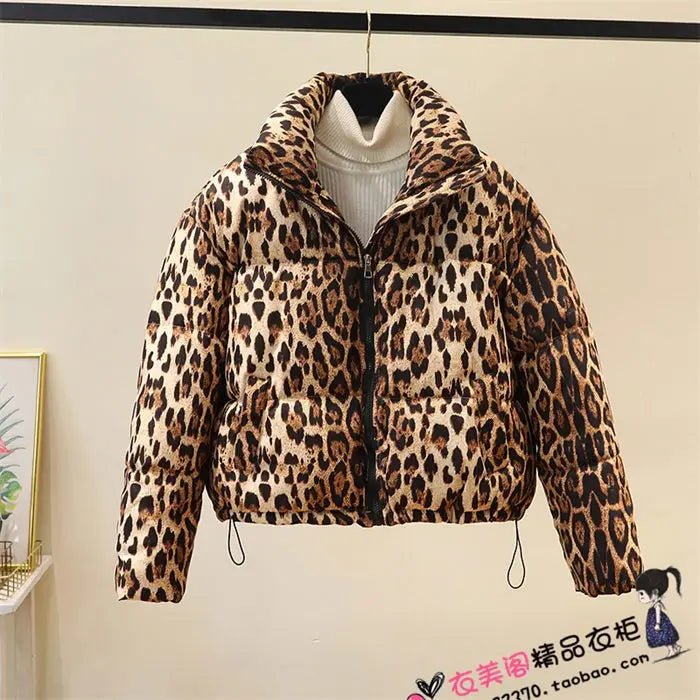 Short Coat Leopard Print Thick Quilted Puffer Jacket Outdoor Winter Style Cold Weather Ready - SN Wigs & More