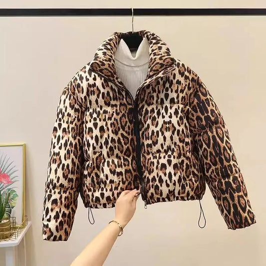 Short Coat Leopard Print Thick Quilted Puffer Jacket Outdoor Winter Style Cold Weather Ready - SN Wigs & More