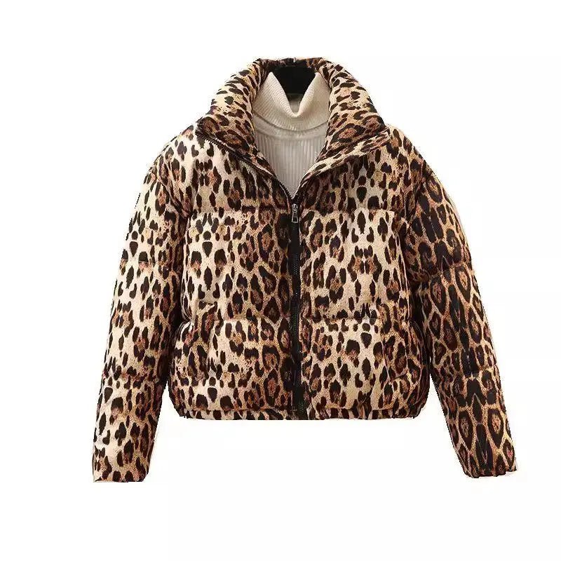 Short Coat Leopard Print Thick Quilted Puffer Jacket Outdoor Winter Style Cold Weather Ready - SN Wigs & More