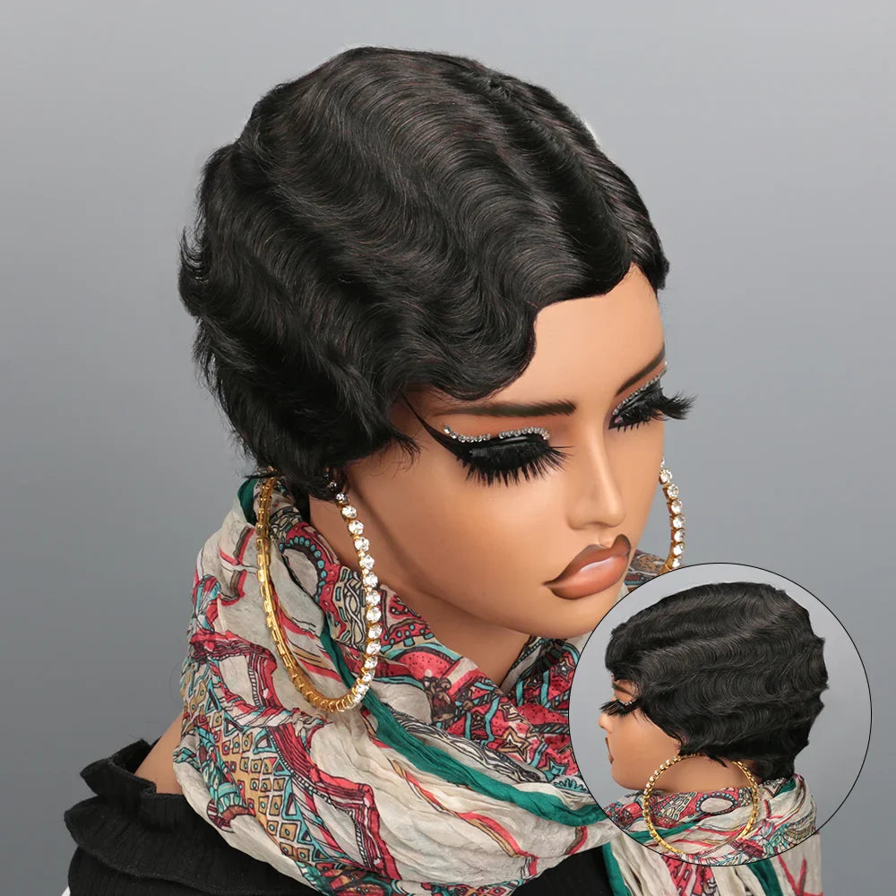 Short Finger Wave Wig Human Hair Wig For Women Brown Short Ocean Wave Wig Pixie Cut Wigs for Woman Natural Color