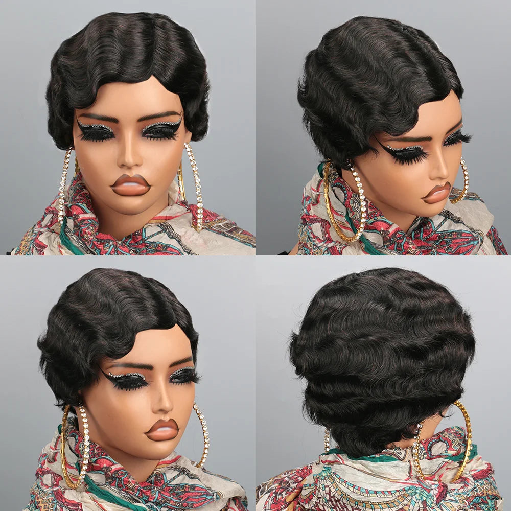 Short Finger Wave Wig Human Hair Wig For Women Brown Short Ocean Wave Wig Pixie Cut Wigs for Woman Natural Color