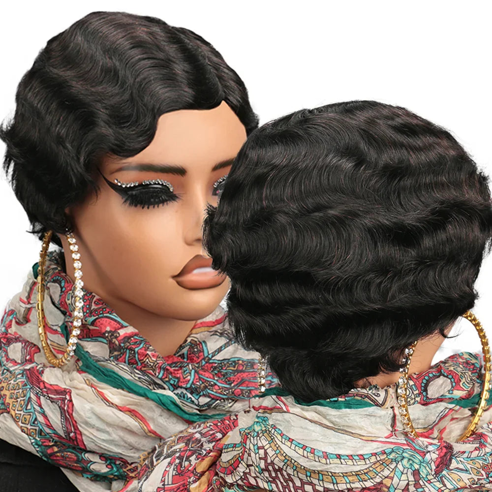 Short Finger Wave Wig Human Hair Wig For Women Brown Short Ocean Wave Wig Pixie Cut Wigs for Woman Natural Color