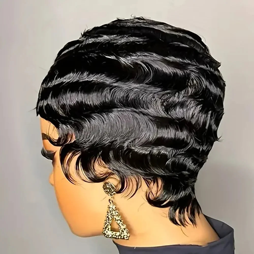 Short Finger Wave Wig Human Hair Wig For Women Brown Short Ocean Wave Wig Pixie Cut Wigs for Woman Natural Color