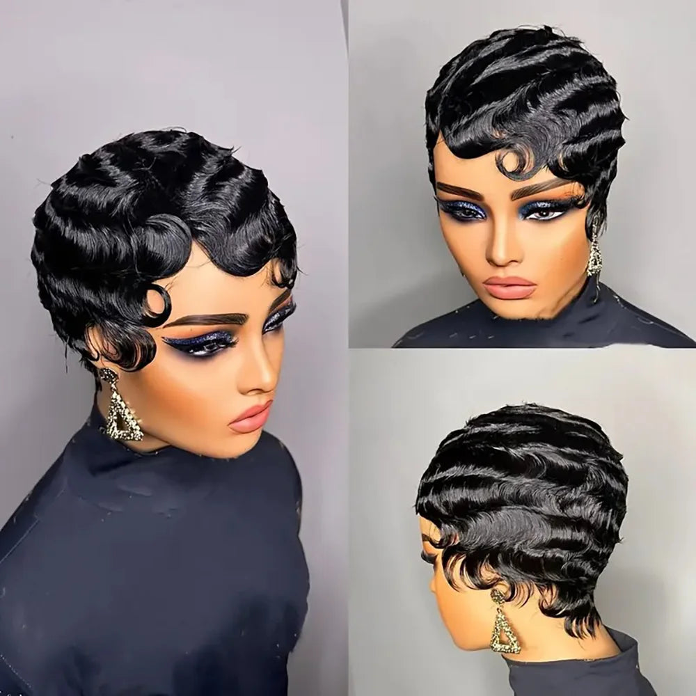 Short Finger Wave Wig Human Hair Wig For Women Brown Short Ocean Wave Wig Pixie Cut Wigs for Woman Natural Color