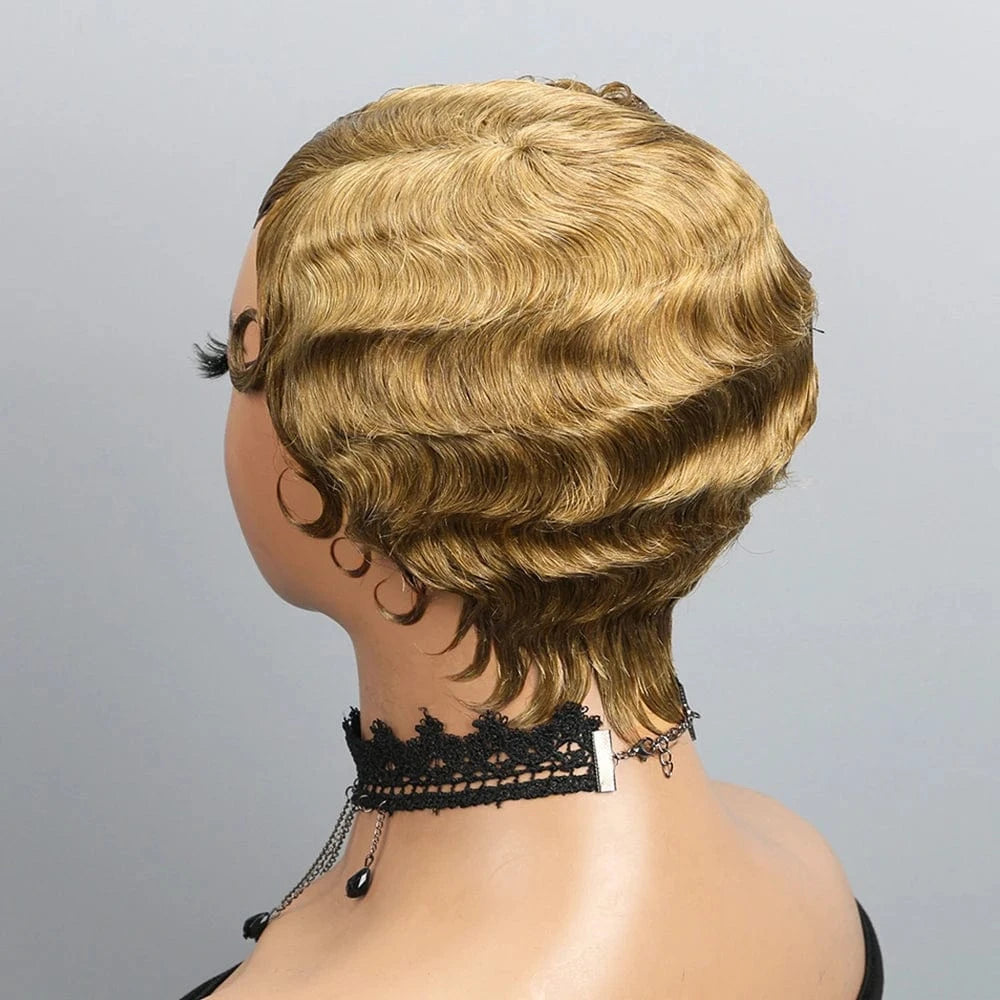 Short Finger Wave Wig Human Hair Wigs For Women 180% Density Brown Short Ocean Wave Wig Pixie Cut Wigs for Woman Natural Look