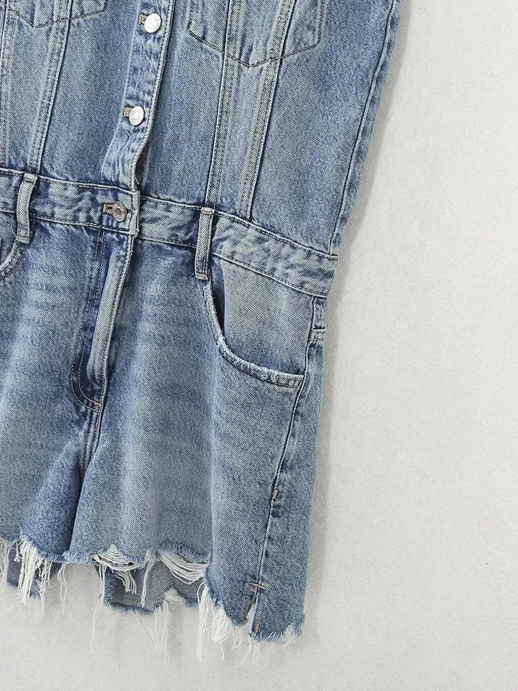 Short Overalls Jeans Turn-Down Collar Sleeveless High Waist Tassel Denim Jumpsuits For Women