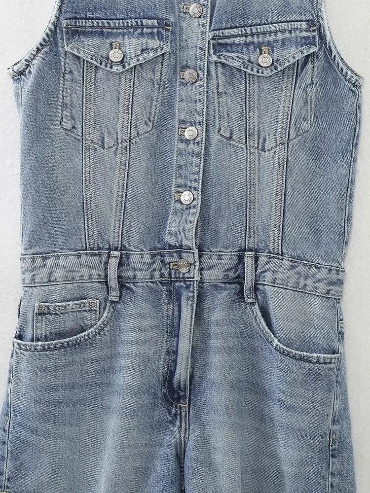 Short Overalls Jeans Turn-Down Collar Sleeveless High Waist Tassel Denim Jumpsuits For Women