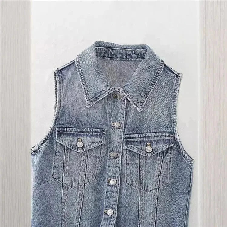 Short Overalls Jeans Turn-Down Collar Sleeveless High Waist Tassel Denim Jumpsuits For Women