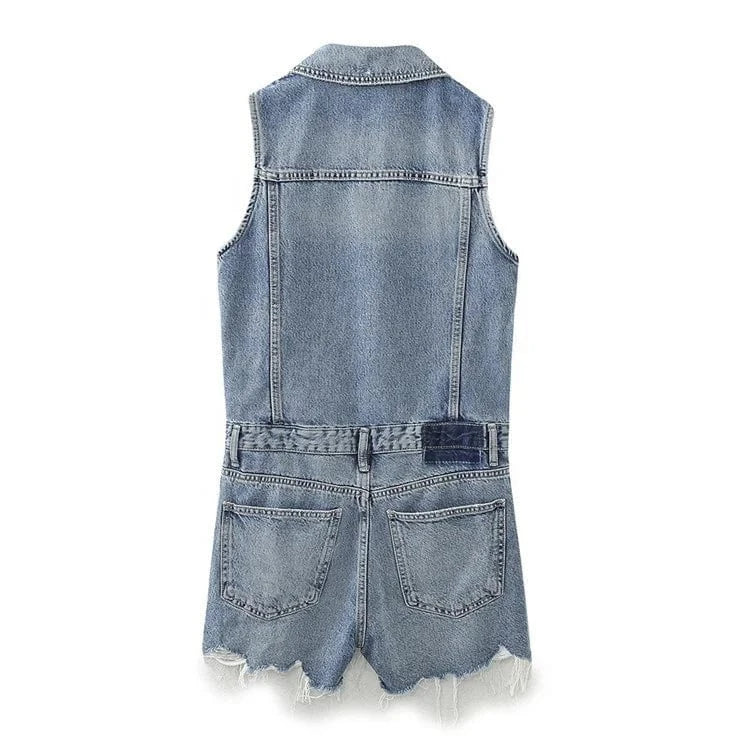 Short Overalls Jeans Turn-Down Collar Sleeveless High Waist Tassel Denim Jumpsuits For Women