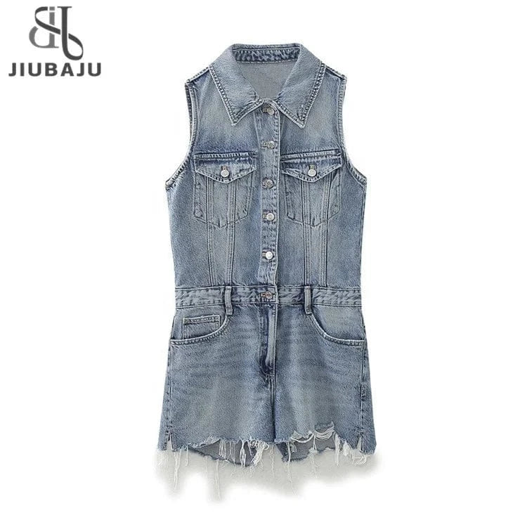 Short Overalls Jeans Turn-Down Collar Sleeveless High Waist Tassel Denim Jumpsuits For Women