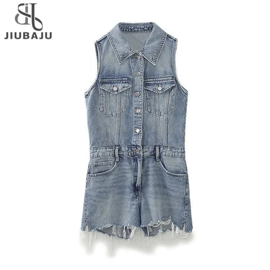 Short Overalls Jeans Turn-Down Collar Sleeveless High Waist Tassel Denim Jumpsuits For Women