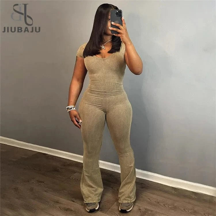 Short Sleeve Flare Jumpsuits Baddie Outfits for Woman Spring 2024 Casual All in One Jumpsuit Women