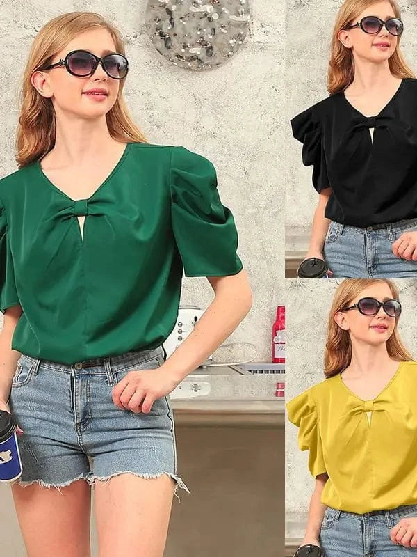 Short Sleeved Top Women's V-neck Solid Fashion Bubble Sleeves Bow Tie Pullover Ladies Commuting Casual Wear Spring Summer 2024
