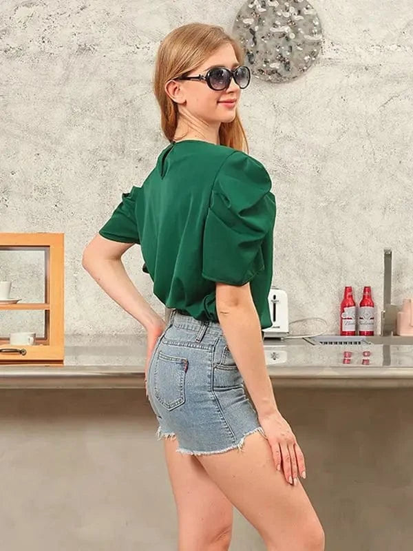 Short Sleeved Top Women's V-neck Solid Fashion Bubble Sleeves Bow Tie Pullover Ladies Commuting Casual Wear Spring Summer 2024