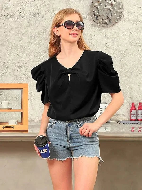 Short Sleeved Top Women's V-neck Solid Fashion Bubble Sleeves Bow Tie Pullover Ladies Commuting Casual Wear Spring Summer 2024