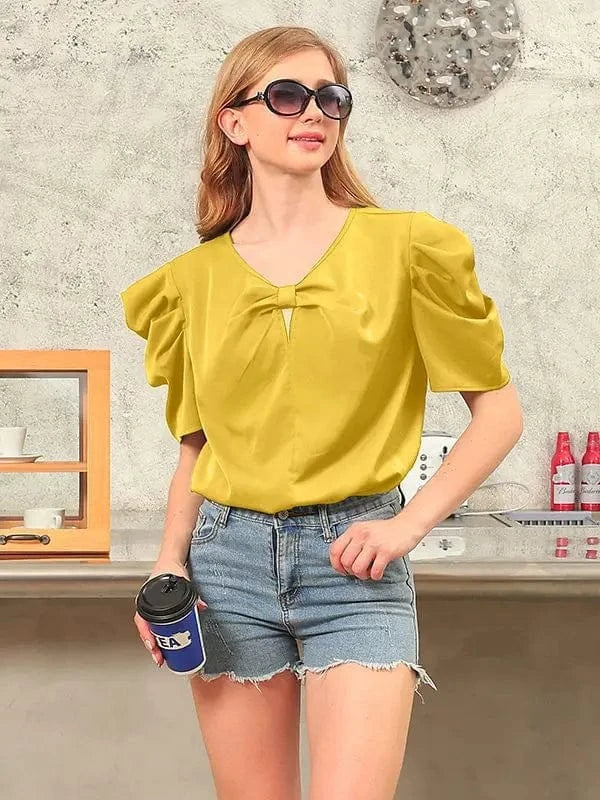Short Sleeved Top Women's V-neck Solid Fashion Bubble Sleeves Bow Tie Pullover Ladies Commuting Casual Wear Spring Summer 2024