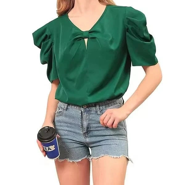 Short Sleeved Top Women's V-neck Solid Fashion Bubble Sleeves Bow Tie Pullover Ladies Commuting Casual Wear Spring Summer 2024