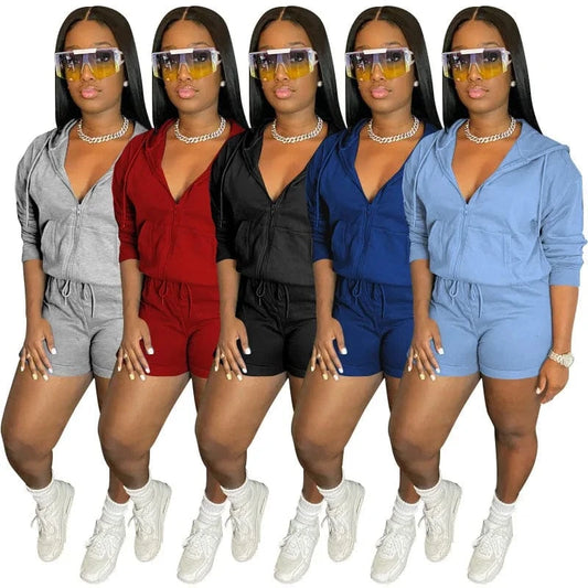 Shorts Pant Set Long Sleeve Women Jogging Suit Set Clothing Hoodie Jogger Sweat Set Shorts Zip Up 2 Piece Plain Joggers