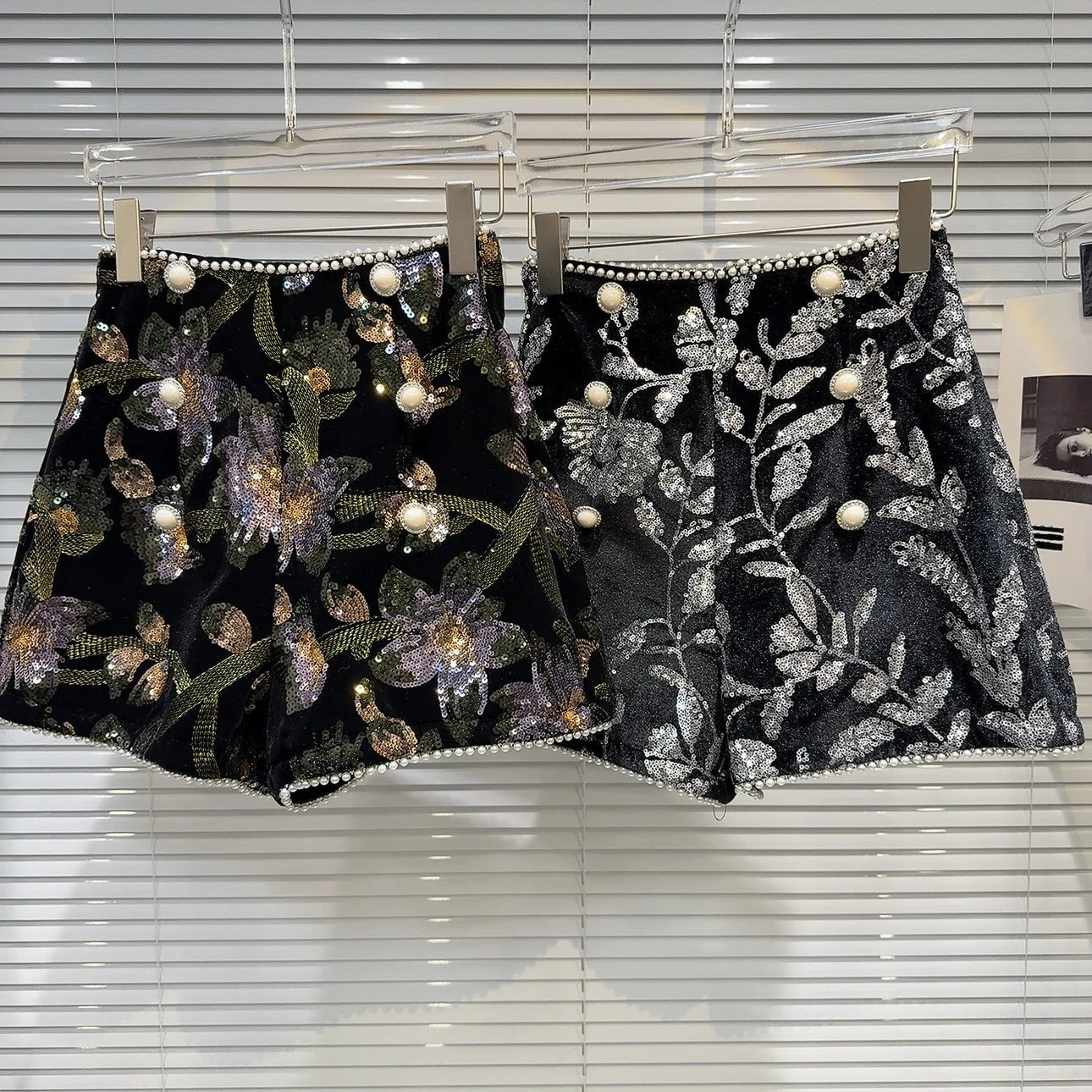 Shorts + Shiny Sequined Embroidery Beading Detailing + Elegant Floral Velvet A - Line - SN Wigs & More