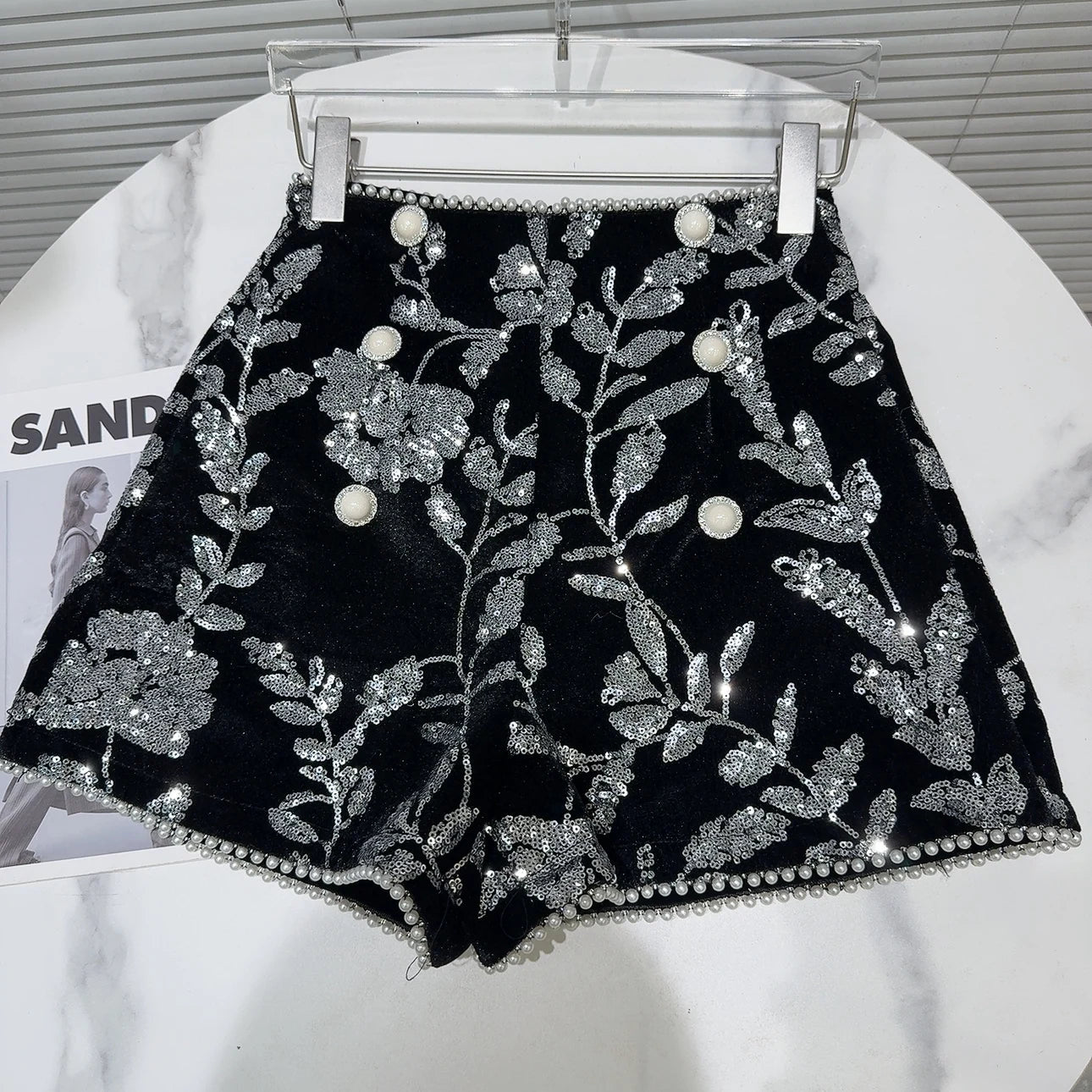 Shorts + Shiny Sequined Embroidery Beading Detailing + Elegant Floral Velvet A - Line - SN Wigs & More