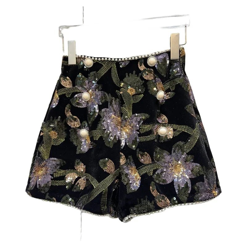 Shorts + Shiny Sequined Embroidery Beading Detailing + Elegant Floral Velvet A - Line - SN Wigs & More