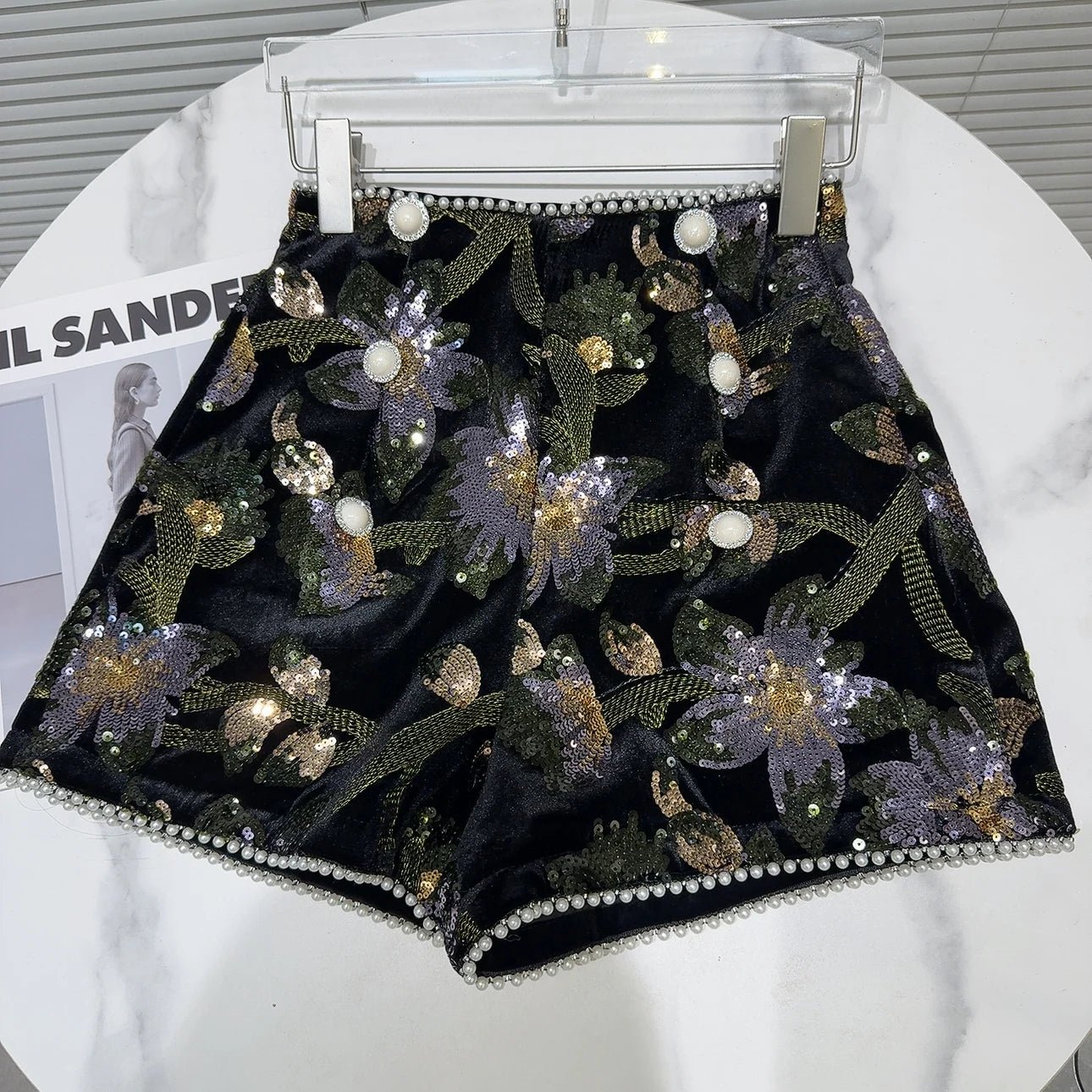 Shorts + Shiny Sequined Embroidery Beading Detailing + Elegant Floral Velvet A - Line - SN Wigs & More