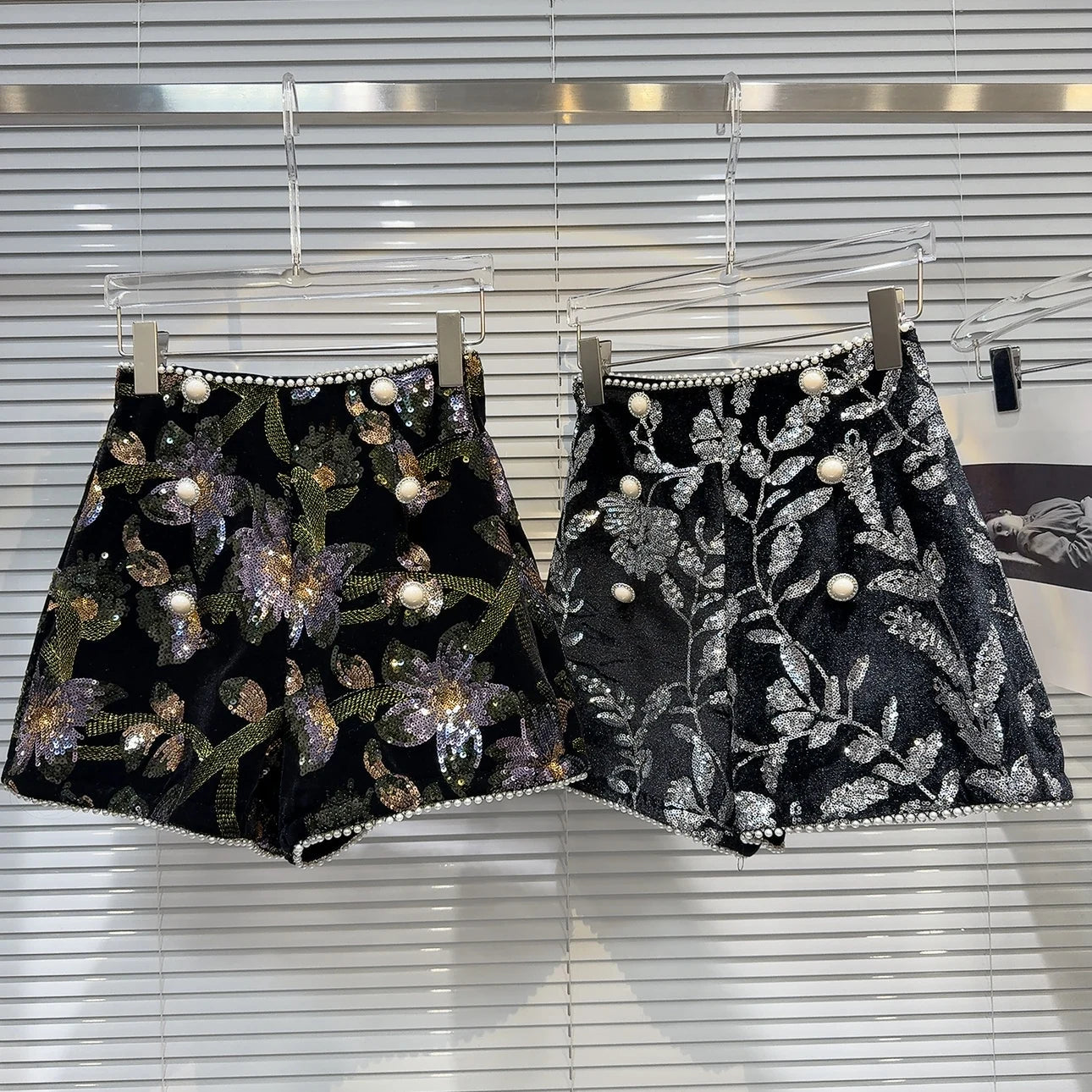 Shorts + Shiny Sequined Embroidery Beading Detailing + Elegant Floral Velvet A - Line - SN Wigs & More