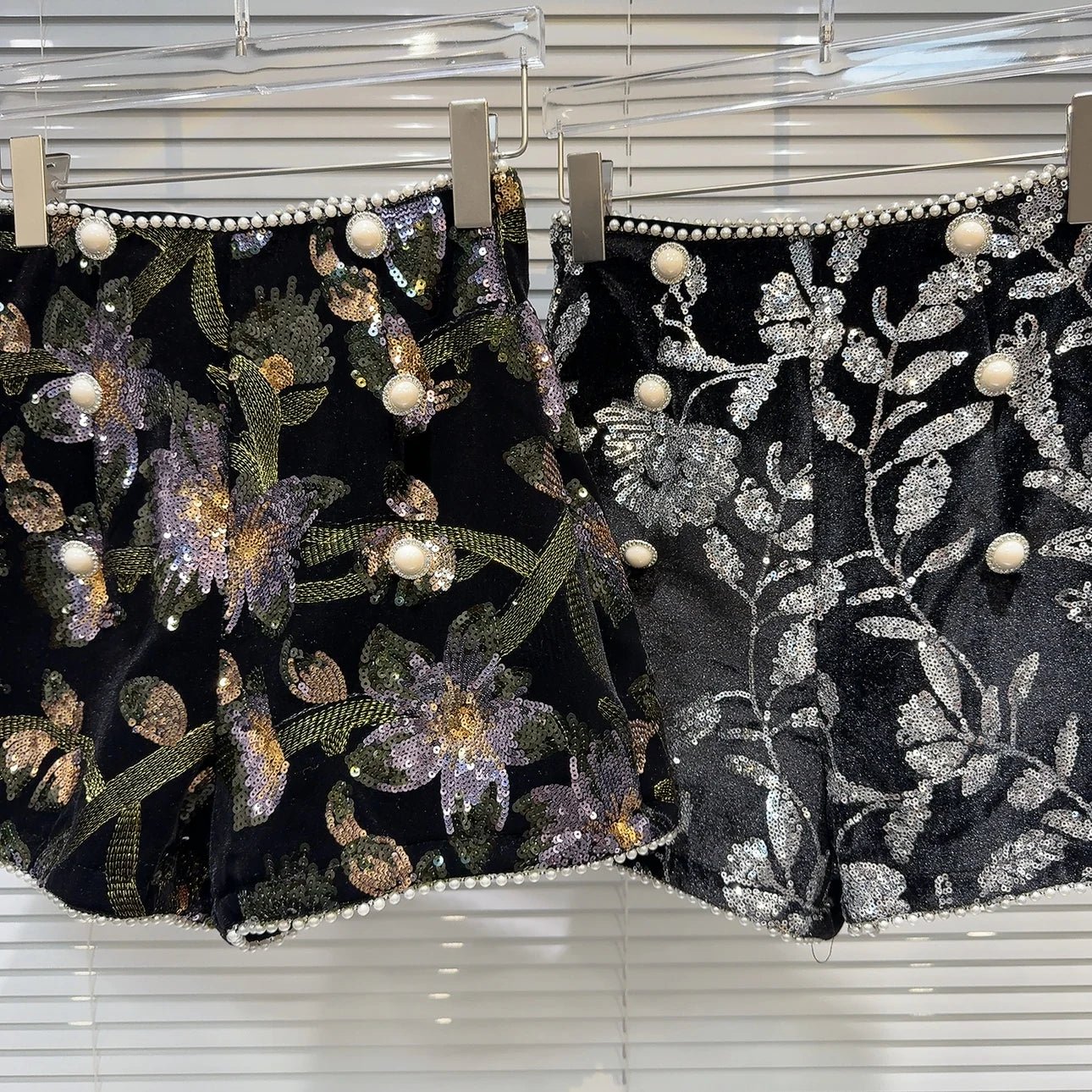 Shorts + Shiny Sequined Embroidery Beading Detailing + Elegant Floral Velvet A - Line - SN Wigs & More