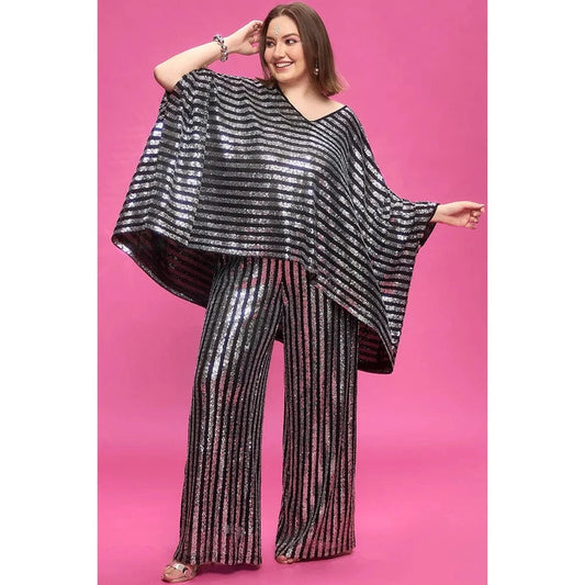 Silver / 0XL Plus Size Party Silver Fall Winter V Neck Batwing Sleeve 3/4 Sleeve Pocket Sequin Two Piece Pant Sets
