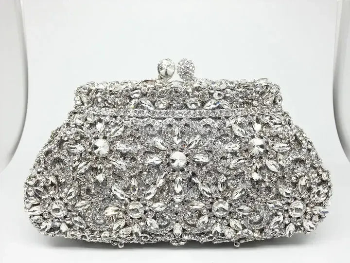 Silver 2 / Mini Size / CHINA Boutique De FGG (in stock) Flower Crown Clutch Silver Crystal Evening Handbag Women Party Prom Bag Bridal Clutches Wedding Purse