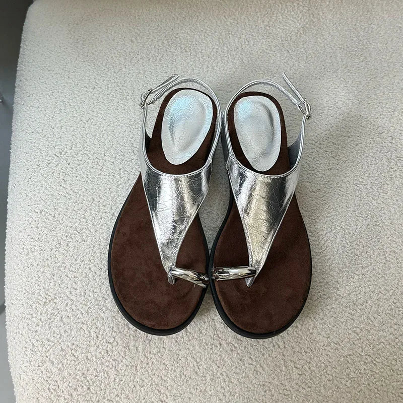 Silver / 38 Spring Summer Fashion Metal Ladies Wedges Sandals Shoes Female Buckle Strap Women Wedges Sandals Heeled Shoes Flip flops