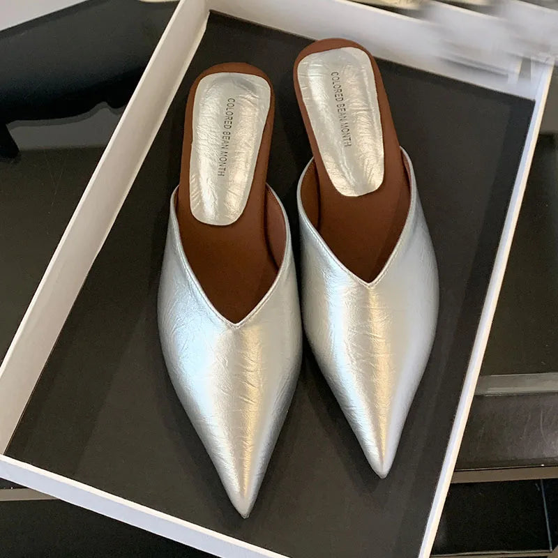Silver / 38 Summer Spring Luxury Flats Ladies Slippers Female Slides Sandals Shoes Fashion Pointed Toe Flats Slippers Shoes For Women Mules