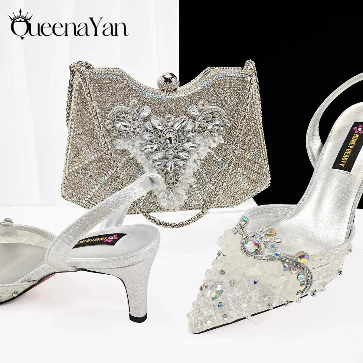 Silver / 39 / CHINA Queena Yan Women High Heel Party For Purple Color Shoes and Bag Set Rhinestone Handbag Italian Design Wedding INS 2025